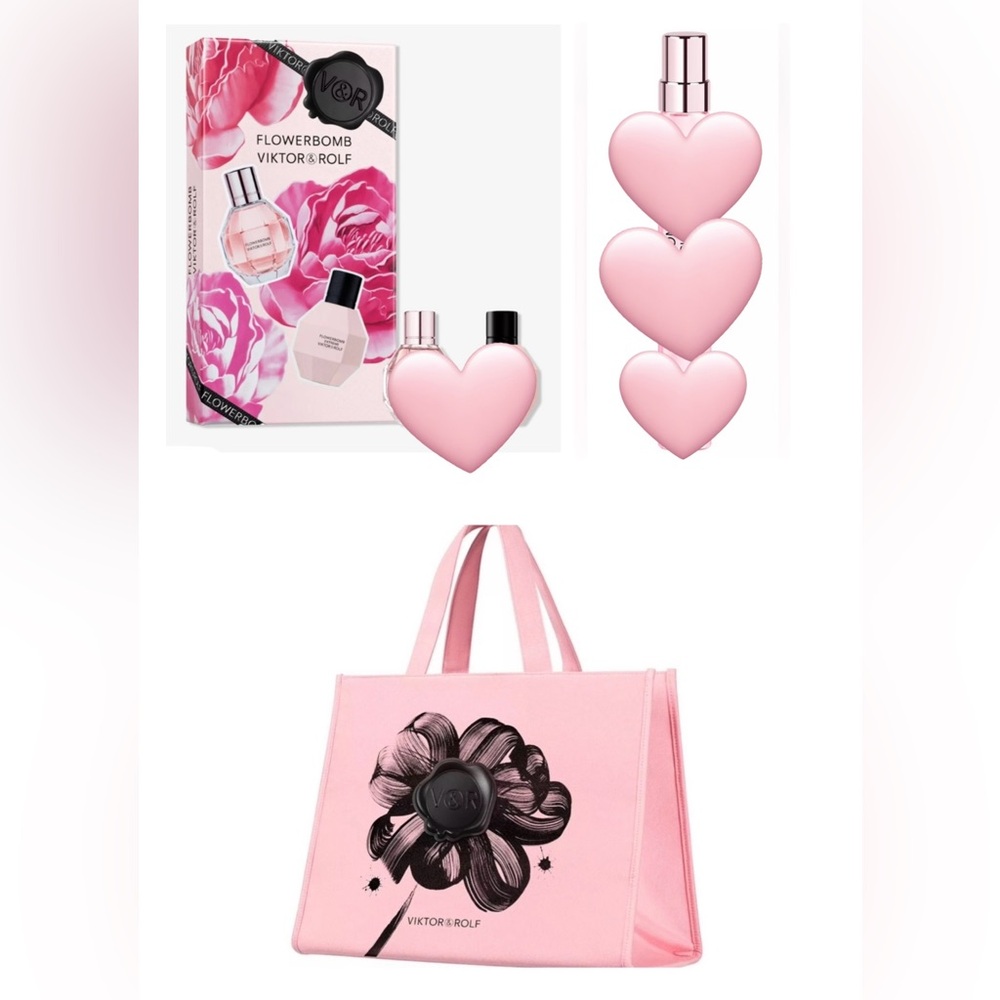 NIB Viktor & Rolf Flowerbomb Pink Gift Set with Heart Bottle & Pink Tote